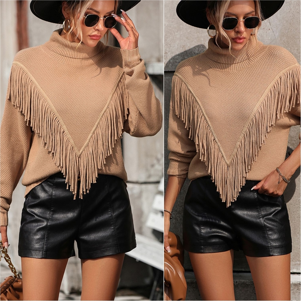 Esme Fringe Turtleneck Sweater - Tan